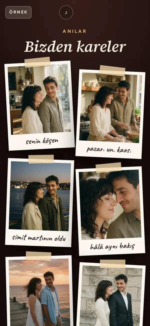 Bizden kareler: altında kısa yazılar olan polaroidler.
