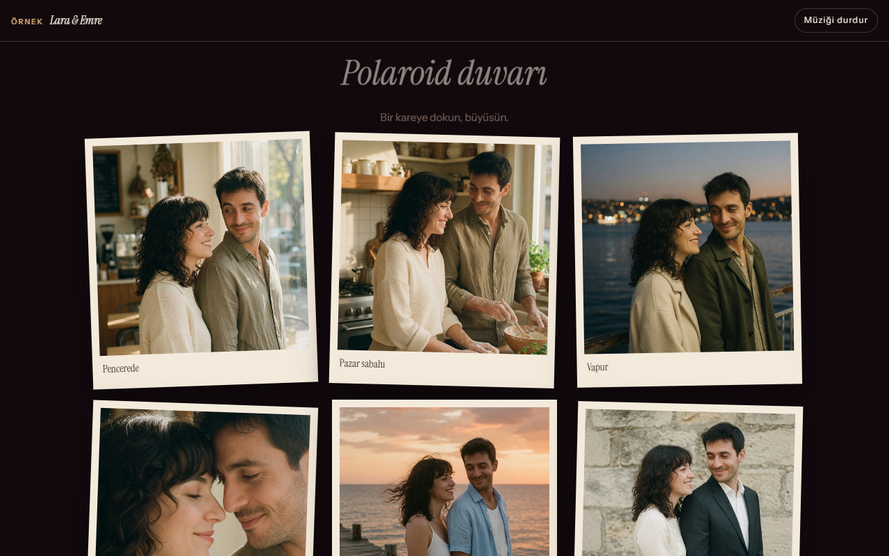 Kısa yazılı polaroid duvarı: pencere, mutfak, vapur ve yakın plan.