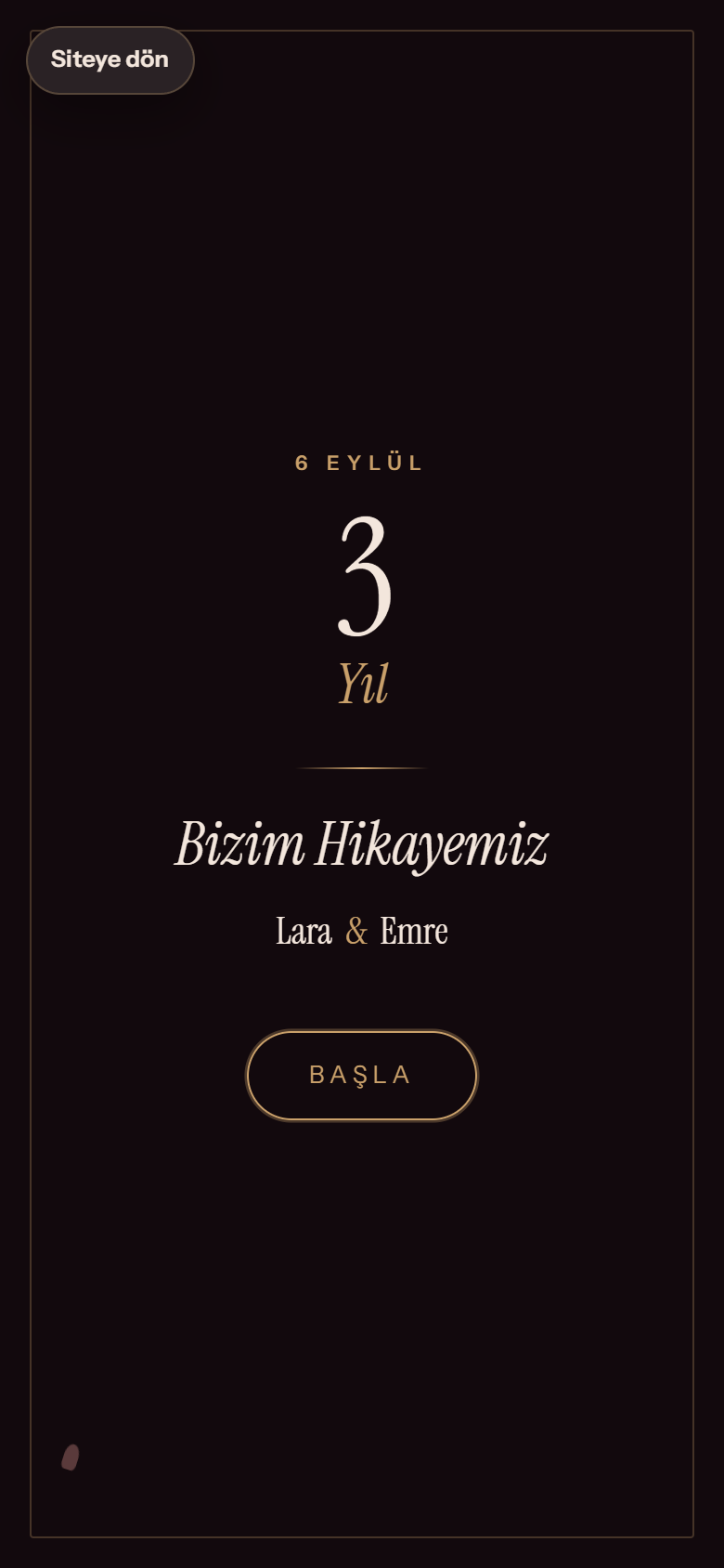 Telefonda örnek hikâyenin kapağı: Lara ve Emre, Başla düğmesi.