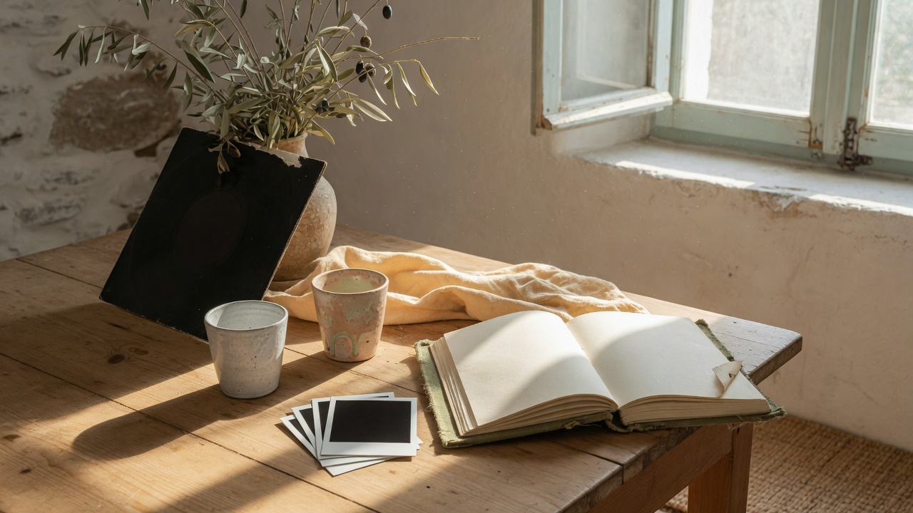 Pencere ışığında ahşap bir masa: açık defter, iki fincan, boş polaroidler ve bir plak.